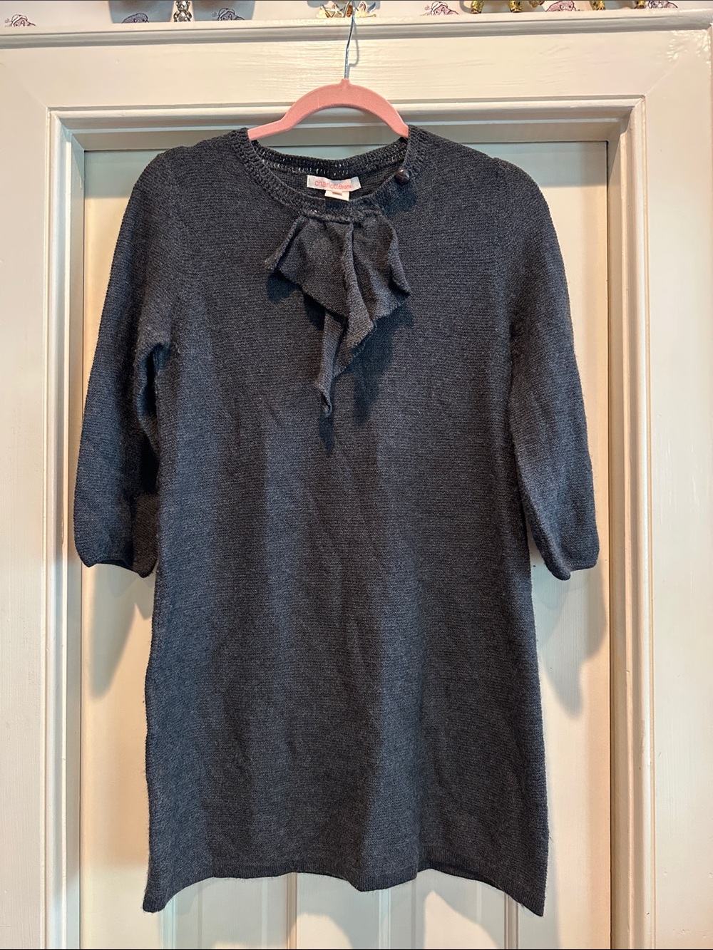 Charlotte Ronson Charcoal Gray Long Sleeve Knit Dress with Neck Tie
